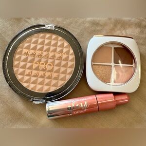 Makeup Trio Revlon lip oil, Flower Beauty eyeshadow and Revolution powder